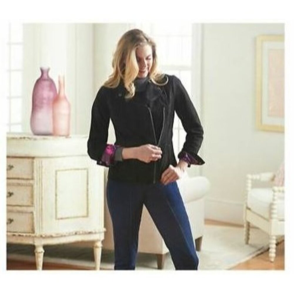 Isaac Mizrahi Women's Black Suede Leather Motorcycle Jacket Size 8 627 - Picture 1 of 13